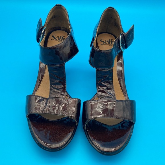 Söfft Brown Patent Crinkled Leather T-Strap Heeled Sandals Pumps Size 10M - Picture 2 of 14